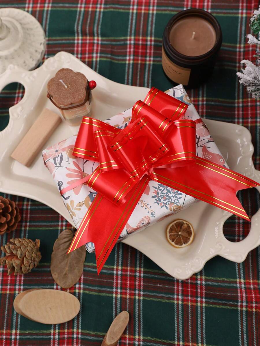 10 Cái/bộ Nhựa PVC Gói Quà Nơ Hiện Đại Kim Loại Họa Tiết Sọc Nơ Trang Trí Gói Quà - Đỏ - Xem 1