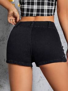 Quần short denim nữ Túi Dây kéo Nút Đúc màu trơn - màu đen - Xem 2