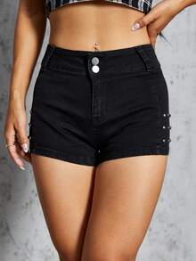 Quần short denim nữ Túi Dây kéo Nút Đúc màu trơn - màu đen - Xem 4