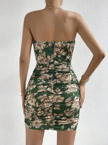SHEIN Privé Floral Print Ruched Tube Bodycon Dress - Green - View 4