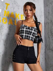 Quần short denim nữ Túi Dây kéo Nút Đúc màu trơn - màu đen - Xem 6