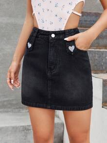 Heart Embroidery Zip Fly Denim Skirt - Black - View 4