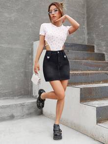 Heart Embroidery Zip Fly Denim Skirt - Black - View 6