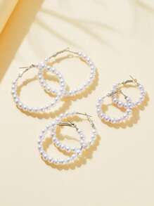 3pairs/Set Elegant Fashionable Faux Pearl Hoop Earrings Set Suitable For Women/Girls For Dating Gift - White - View 1