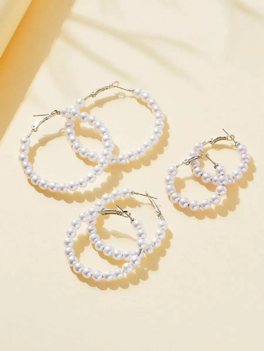 3pairs/Set Elegant Fashionable Faux Pearl Hoop Earrings Set Suitable For Women/Girls For Dating Gift - White - View 1