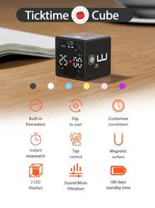 Cube Pomodoro Productivity Timer, Pause & Resume, Mute, Vibration & Alarm, For Task - Black - View 4