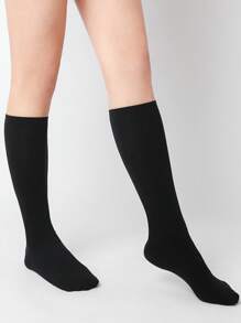 1pair Women's Simple & Versatile Black Velvet Over The Knee Socks