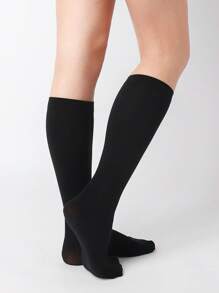 1pair Women's Simple & Versatile Black Velvet Over The Knee Socks