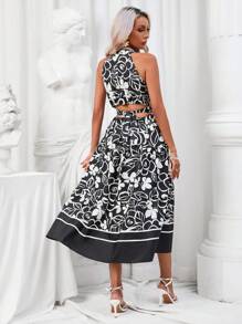 SHEIN LUNE Floral Print Ruffle Hem Halter Dress - Black and White - View 2