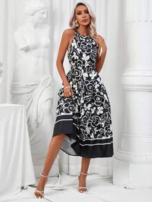 SHEIN LUNE Floral Print Ruffle Hem Halter Dress - Black and White - View 4