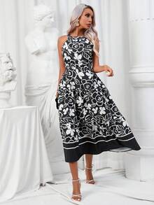 SHEIN LUNE Floral Print Ruffle Hem Halter Dress - Black and White - View 5