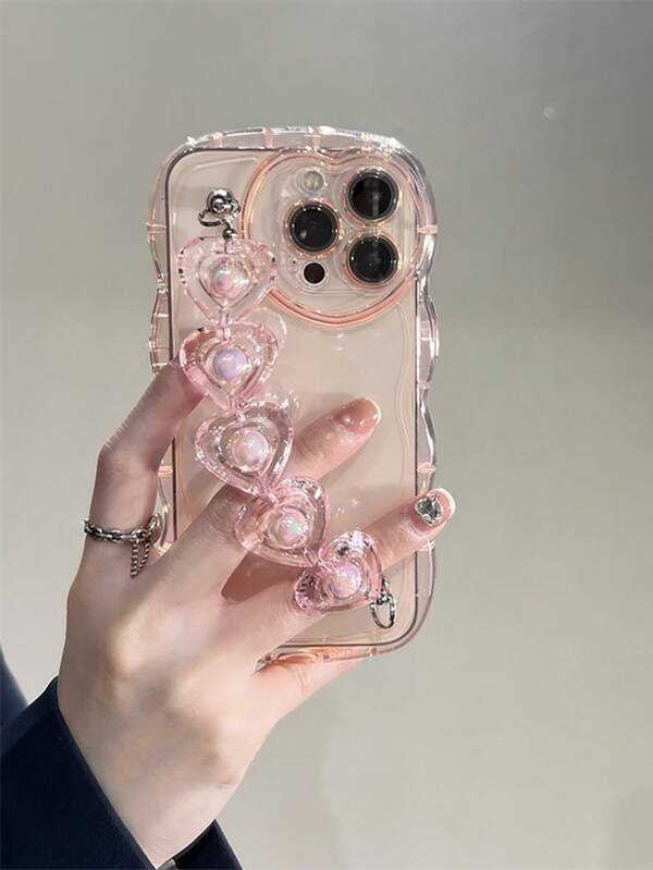 Apple With Phone Charm Pink Clear Wavy Frame Phone Case With Heart Decor Hand Strap