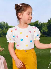 SHEIN Young Girl's Cute Heart Print Round Neck Puff Sleeve Sweet Sweatshirt - Multicolor - View 1