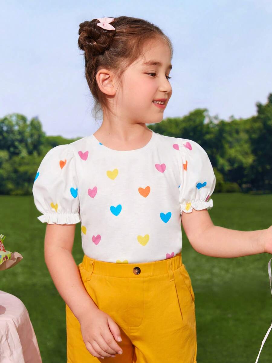 SHEIN Young Girl's Cute Heart Print Round Neck Puff Sleeve Sweet Sweatshirt - Multicolor - View 1