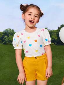 SHEIN Young Girl's Cute Heart Print Round Neck Puff Sleeve Sweet Sweatshirt - Multicolor - View 3