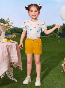 SHEIN Young Girl's Cute Heart Print Round Neck Puff Sleeve Sweet Sweatshirt - Multicolor - View 5