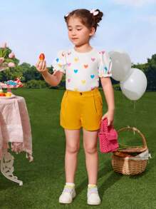 SHEIN Young Girl's Cute Heart Print Round Neck Puff Sleeve Sweet Sweatshirt - Multicolor - View 6