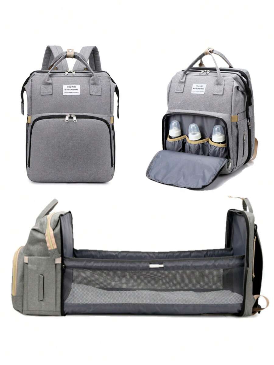 外出手提包，多功能背包式嬰兒折疊床換台，帶遮陽布 - 灰色 - 查看 1