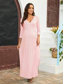 Maternity 1pc Solid Surplice Neck Dress - Pink - View 3