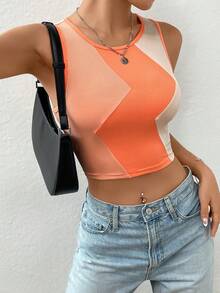 Muchica Top tank crop de color combinado tejido de canalé - Naranja - Ver 2