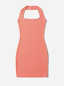 SHEIN Qutie Đầm Lộ Lưng Gân đan màu trơn Giải trí - Màu Hồng  San hô - Xem 3