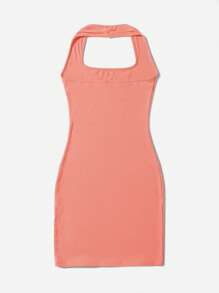 SHEIN Qutie Đầm Lộ Lưng Gân đan màu trơn Giải trí - Màu Hồng  San hô - Xem 4