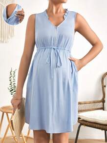 SHEIN Maternity Zip Up Drawstring Waist Hidden Pocket Nursing Dress - Dusty Blue - View 4