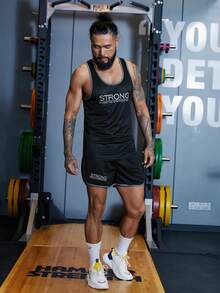 Men Slogan Graphic Sports Set, Athletic Suit, Tracksuit - Black - View 5