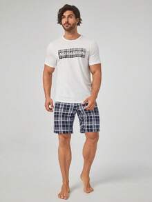 Men Plaid & Letter Graphic PJ Set - Blue and White - View 4