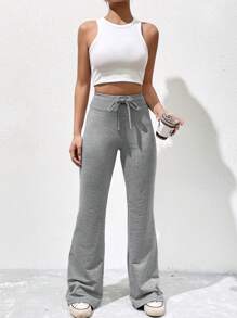 SHEIN EZwear Quần thể thao nữ Dây kéo màu trơn - Màu Xám nhạt - Xem 3