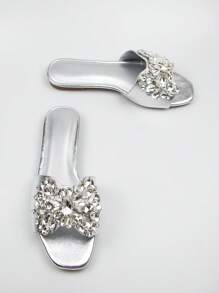 Women Metallic Rhinestone Decor Slide Sandals, Glamorous Sandals Silver Valentines - Silver - View 2