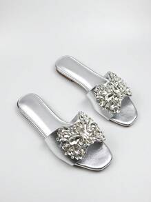 Women Metallic Rhinestone Decor Slide Sandals, Glamorous Sandals Silver Valentines - Silver - View 3