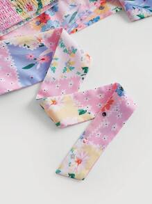 SHEIN MOD Áo sơ mi nữ Xù Buộc lại Dải chun Nếp gấp Phần Ngực Khối Màu Hoa Boho - Nhiều màu - Xem 3