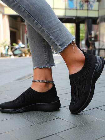 女士透氣一腳蹬運動戶外黑色織物跑步鞋