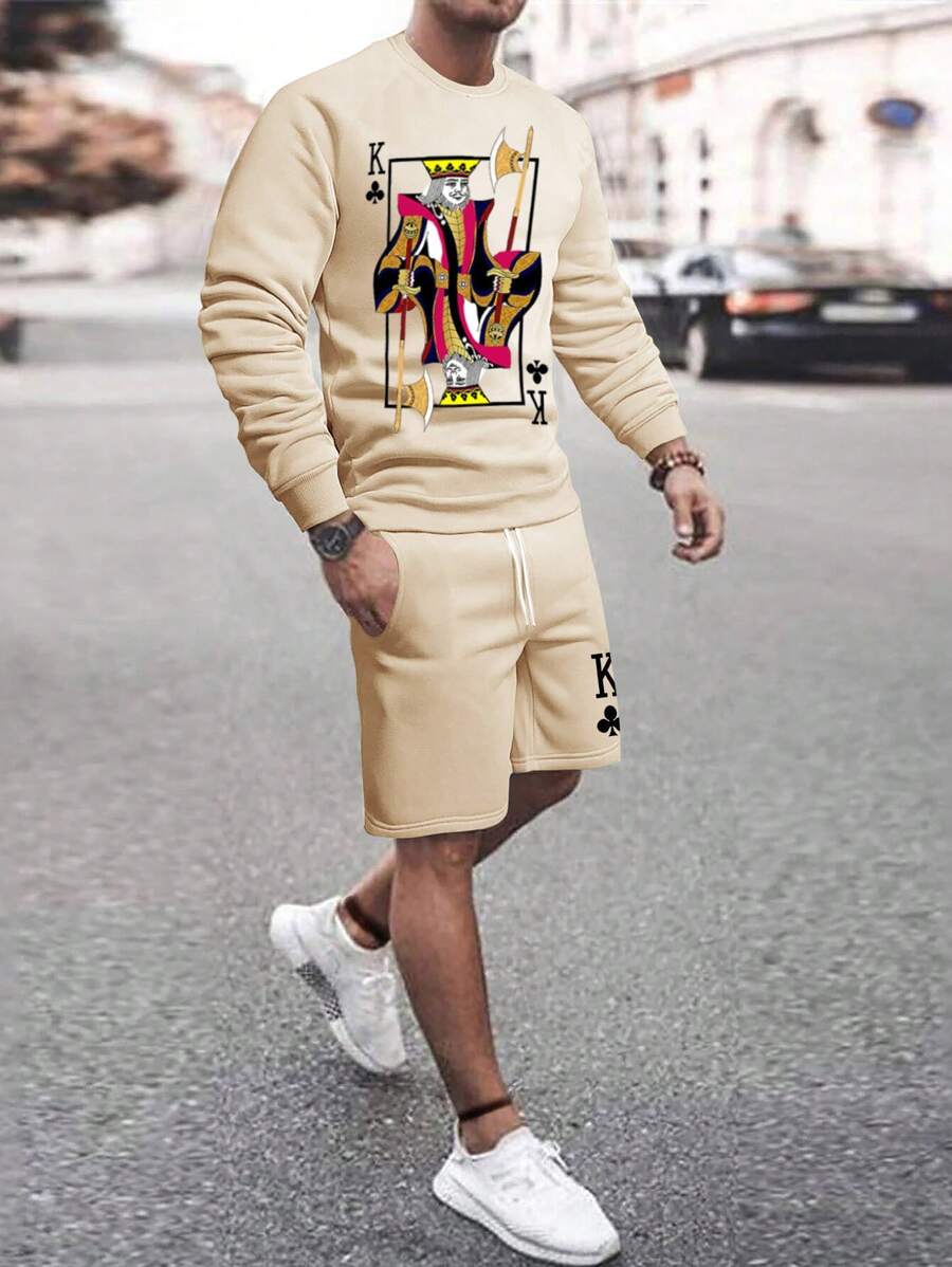 Manfinity LEGND Hombres con estampado de póker Sudadera & de cintura con cordón Shorts - Albaricoque - Ver 1