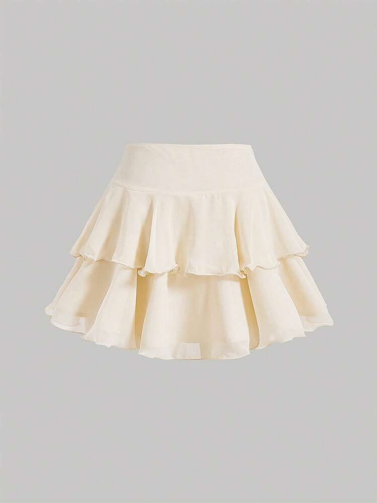 SHEIN MOD Button Front Ruffle Hem Skirt - Beige - View 2