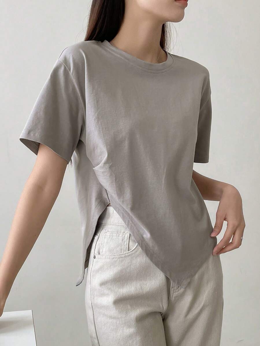 Dazy-Less Solid Split Hem Tee Old Money Style Business Casual Woman Work Clothes - Grey - View 1
