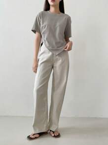 Dazy-Less Solid Split Hem Tee Old Money Style Business Casual Woman Work Clothes - Grey - View 5