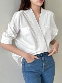 Dazy-Less 女士商务休闲时尚拼接细节衬衫，复古风，返校服 - 白色 - 查看 2