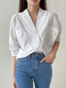 Dazy-Less 女士商务休闲时尚拼接细节衬衫，复古风，返校服 - 白色 - 查看 3