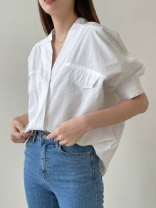 Dazy-Less 女士商务休闲时尚拼接细节衬衫，复古风，返校服 - 白色 - 查看 6