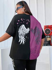 Flirla Plus Wing Graphic Two Tone Drop Shoulder Tee - Purple - View 3