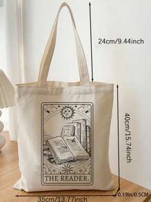 VOESETO 中号购物袋书本图案双手柄适合日常便携、单人商务休闲学院、中学、高中、返校、旅行、户外适合少女、学校学生、青少年时尚、时尚、简约帆布手提包书包、大容量、经典休闲、可折叠、便携，适合少女、女大学生，非常适合返校、购物、中学、高中、大学 - 米色 - 查看 4