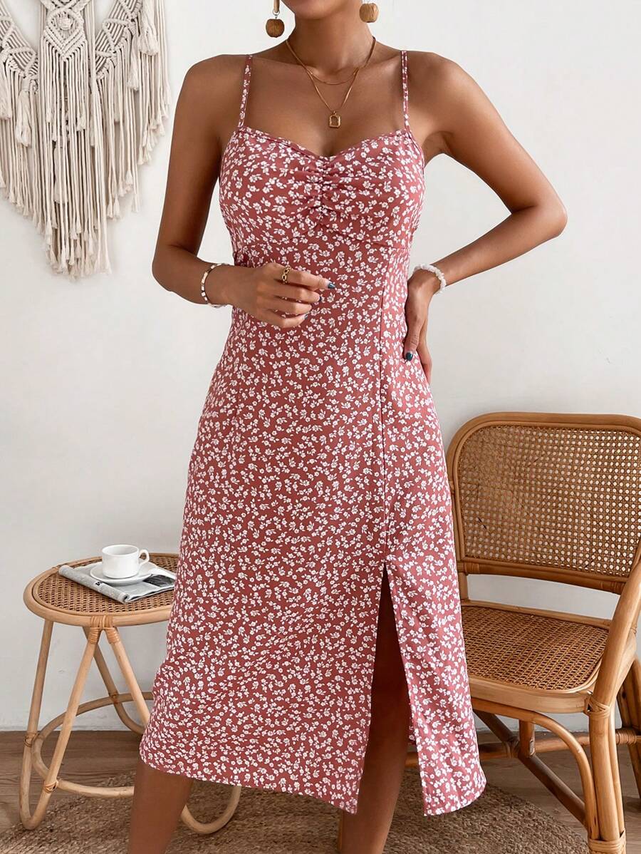 Soleia Ditsy Floral Print Split Thigh Cami Dress - Dusty Pink - View 1