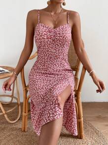 Soleia Ditsy Floral Print Split Thigh Cami Dress - Dusty Pink - View 5