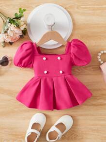 SHEIN Baby Puff Sleeve Fold Pleated Detail Peplum Top - Hot Pink - View 1