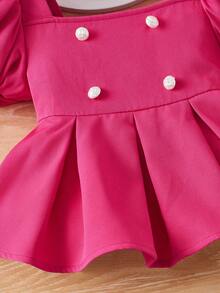 SHEIN Baby Puff Sleeve Fold Pleated Detail Peplum Top - Hot Pink - View 4
