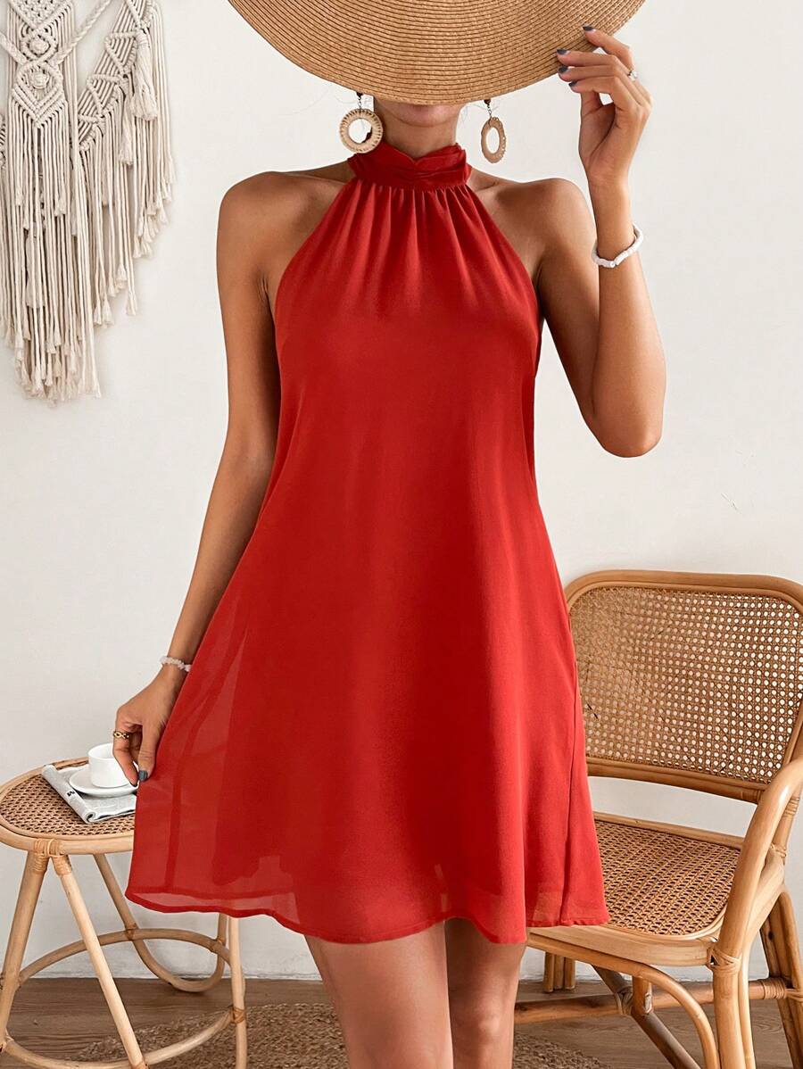 SHEIN VCAY Đầm Buộc lại màu trơn Boho - Đỏ - Xem 1