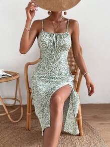 SHEIN VCAY Đầm Thắt nơ trước Tách cao Nếp gấp Phần Ngực Họa tiết hoa Boho - màu xanh lá - Xem 6