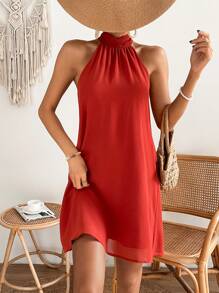 SHEIN VCAY Đầm Buộc lại màu trơn Boho - Đỏ - Xem 6